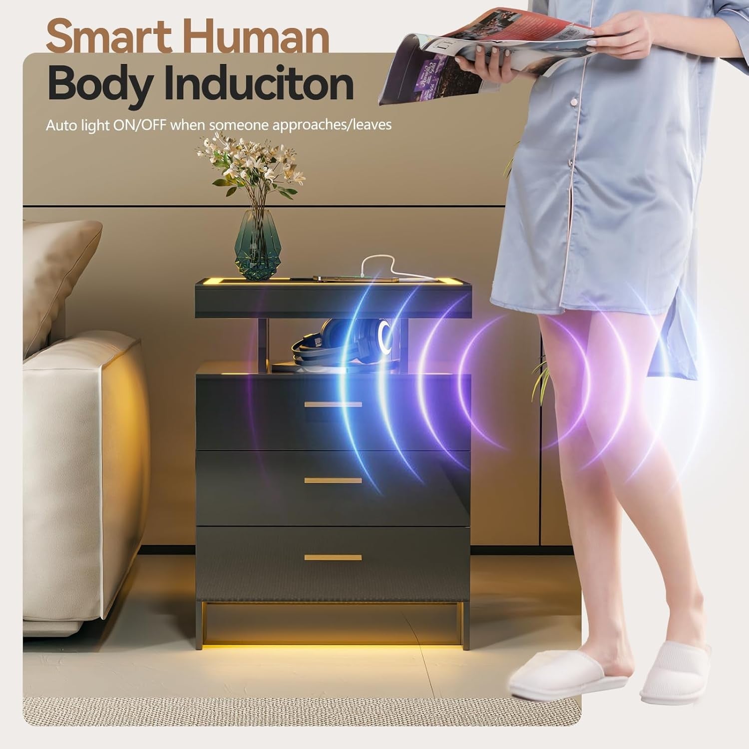 Black LED Bedside Table with Wireless Charging, Glass Top & 3 Drawer Storage
