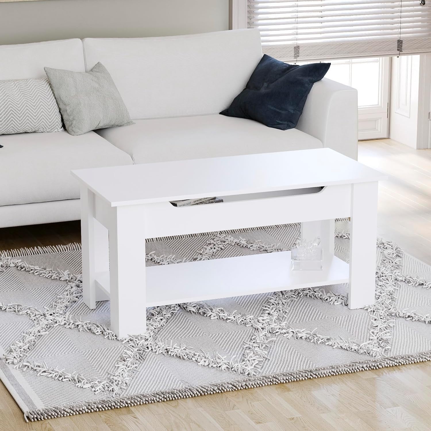 Lift-Up Coffee Table with Hidden Storage & Shelf White 100x48x48cm