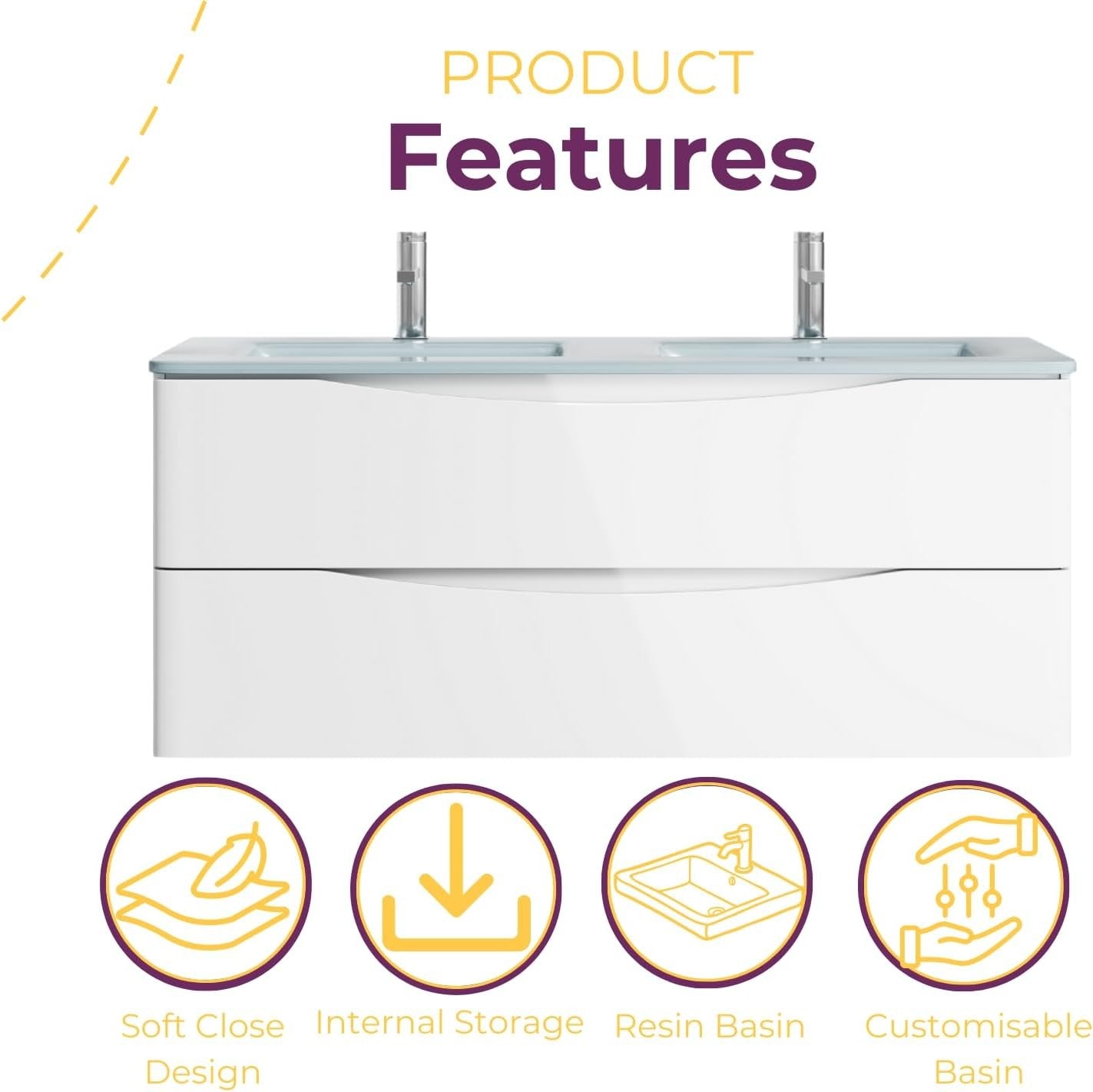 1200mm Wall Hung Vanity Unit White Gloss Double Basin Bathroom Furniture