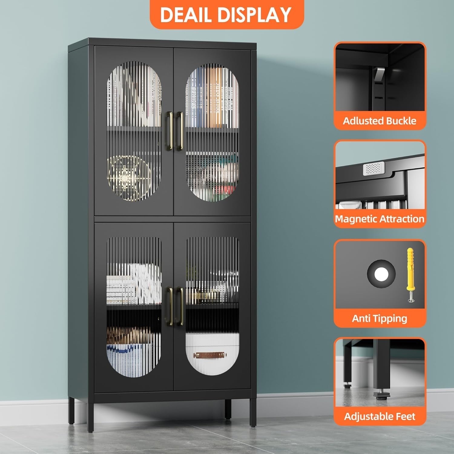 155cm Tall & Adjustable 4-Door Black Metal Office Storage Cabinet