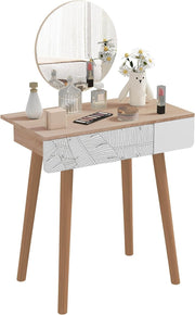 White Oak Small Vanity Dressing Table with Adjustable Mirror & Drawer Storage
