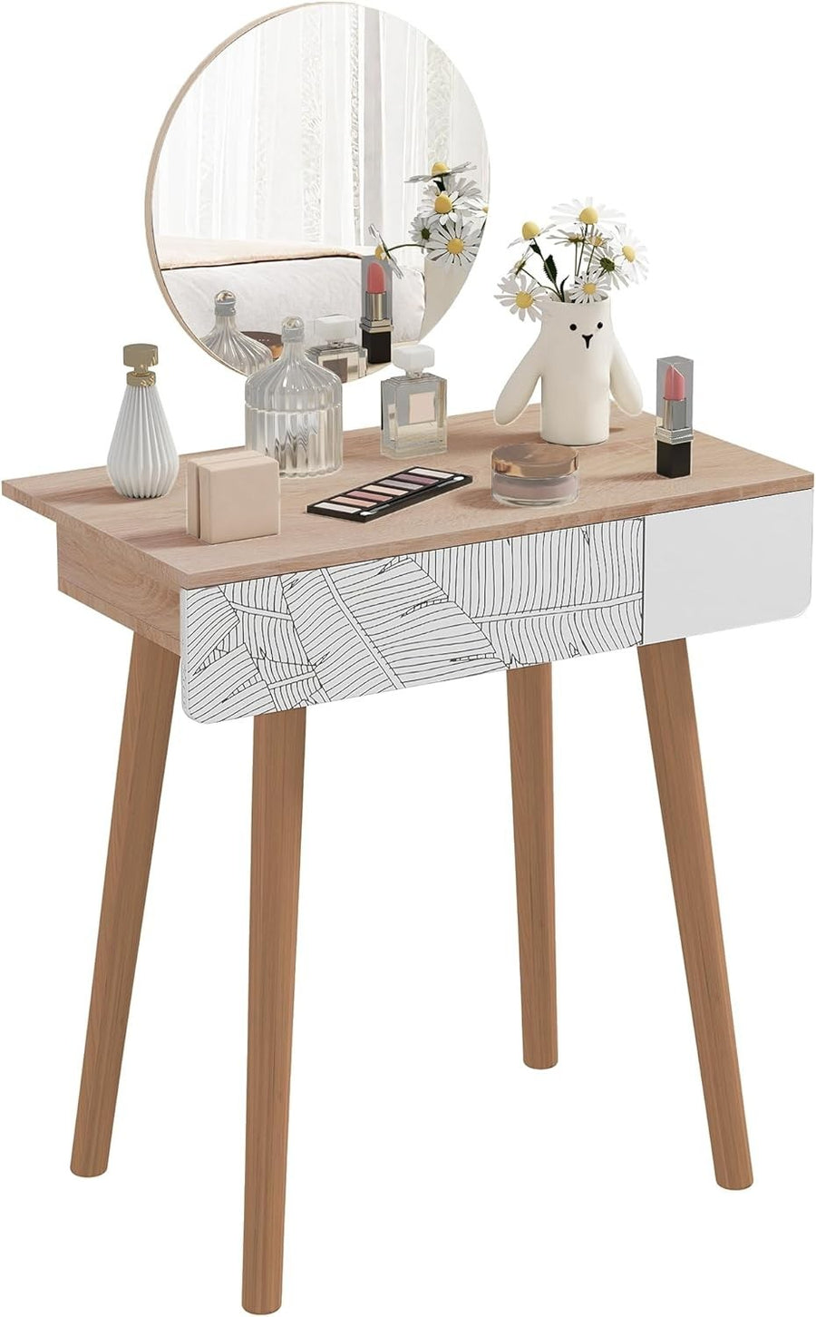 White Oak Small Vanity Dressing Table with Adjustable Mirror & Drawer Storage