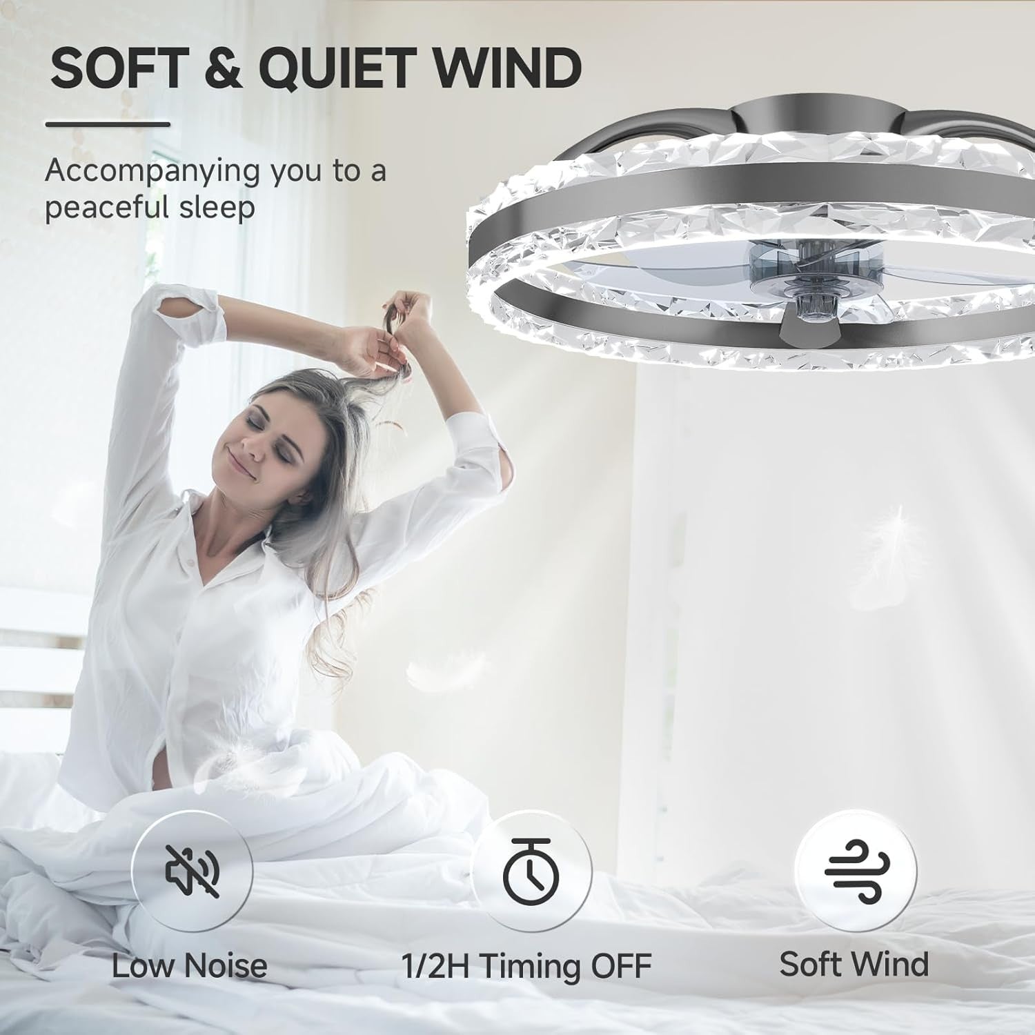 60CM Smart LED Ceiling Fan, 6 Speeds, Dimmable 3000-6500K, Black
