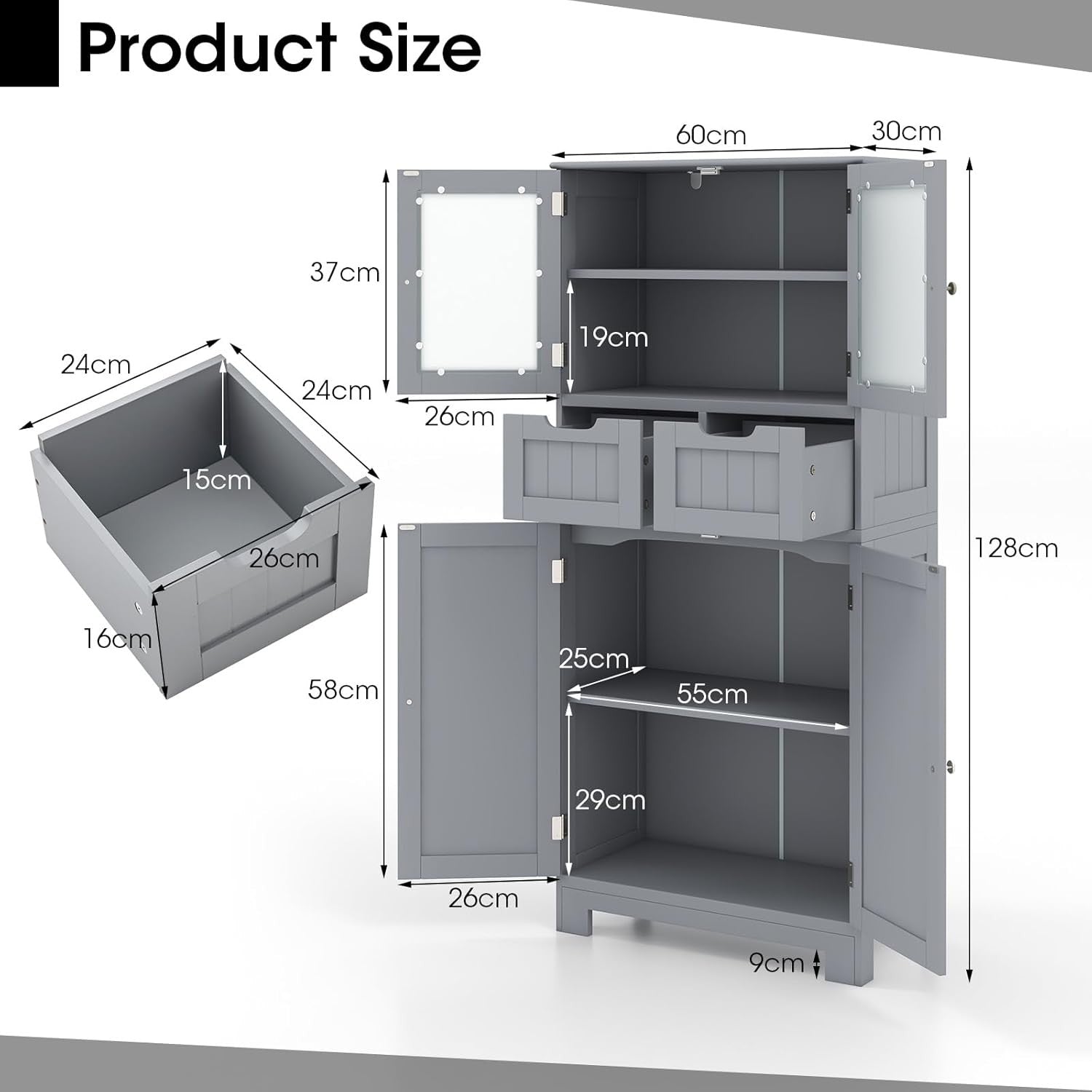 Grey Freestanding Storage Cabinet with Glass Doors & Drawers Shelves