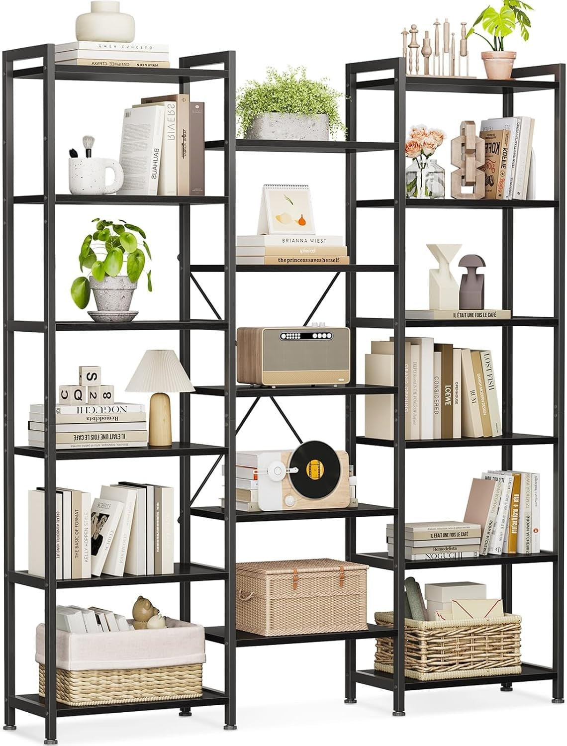 6 Tier Triple Bookshelf Industrial 14 Shelf Wide Bookcase Black