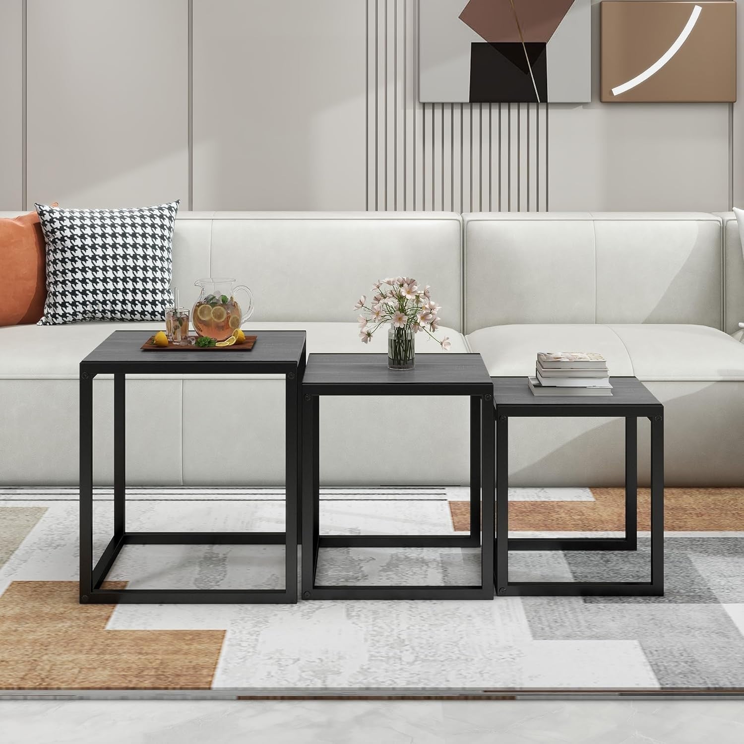 Set of 3 Grey Nesting Tables Wood Top Metal Legs Modern Living Room End