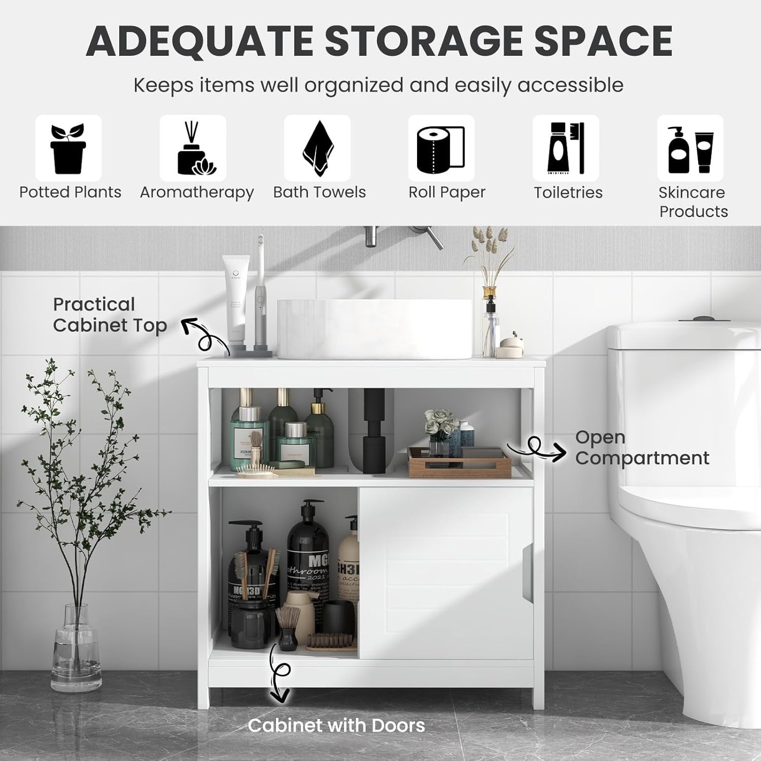 White Under Sink Bathroom Cabinet Sliding Door Storage Unit 60x60cm MDF