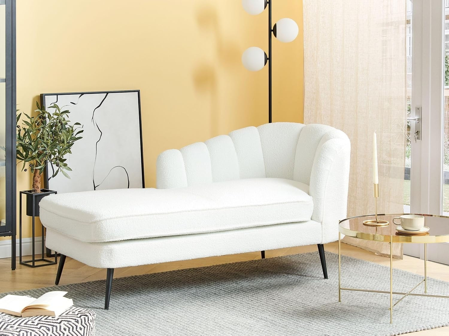 Right-Hand Boucle Chaise Lounge Sofa | Off-White Modern Seat Black Legs