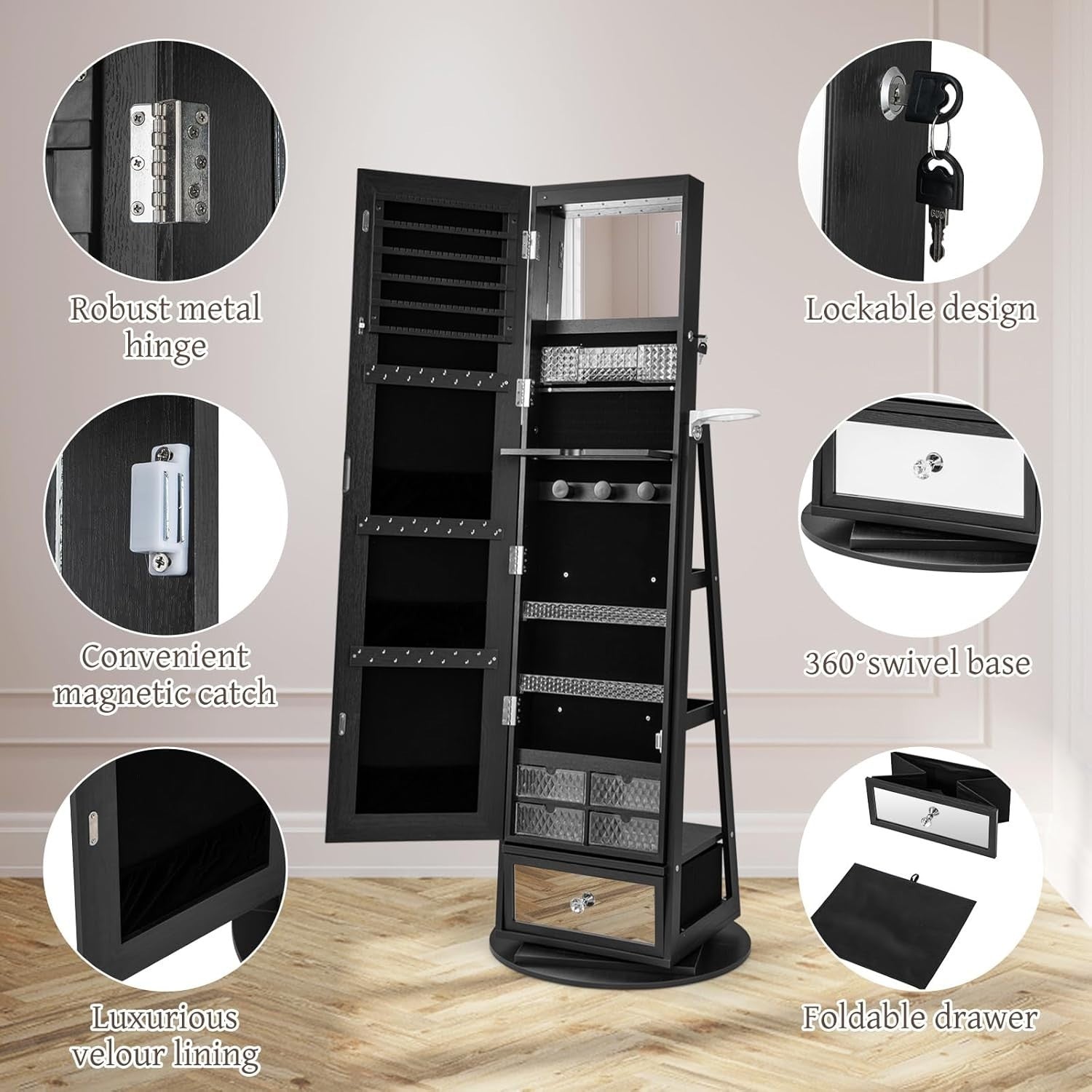 360° Swivel Jewelry Cabinet LED Mirror Lockable Makeup Storage