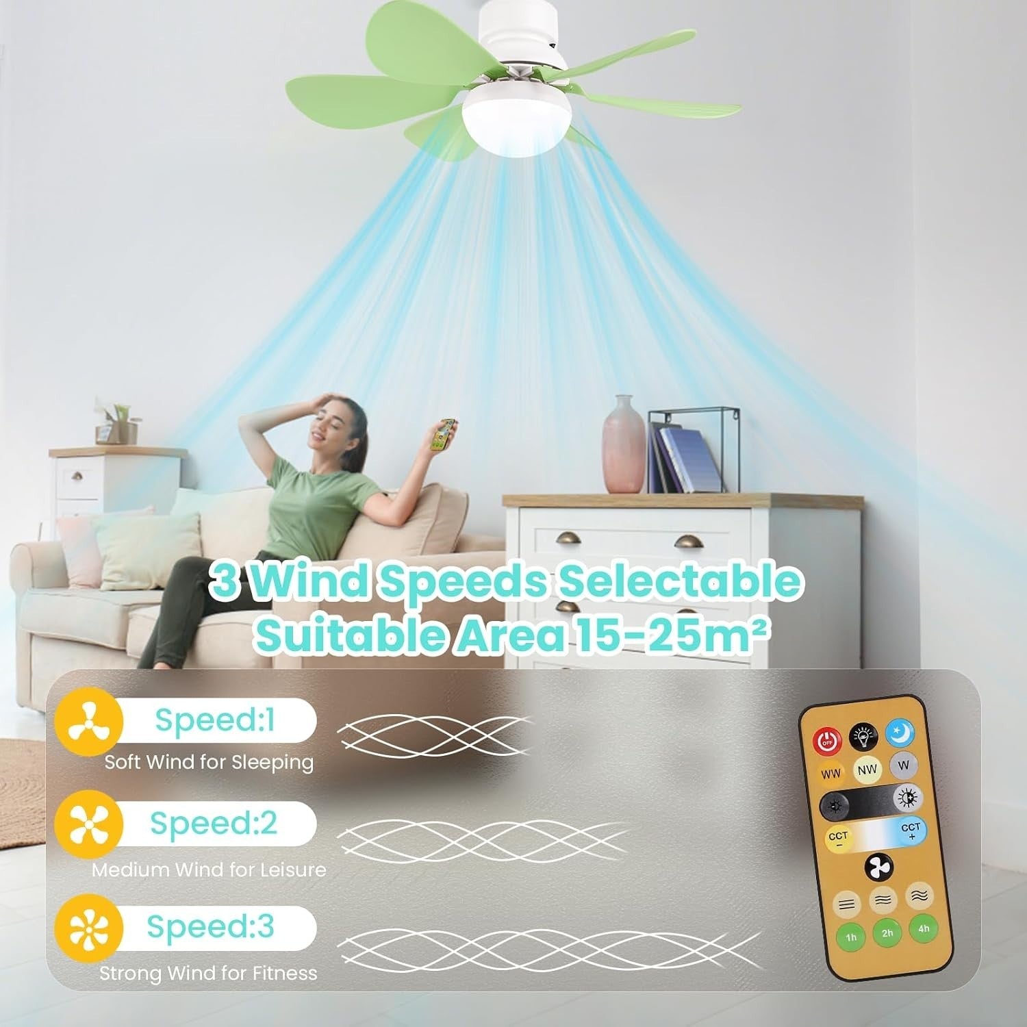 30W Ceiling Fan with Light, 6 Blades, 3 Speeds, Dimmable, Remote
