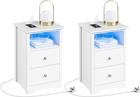 LED Bedside Tables Set of 2 with Charging Station, 2 USB Ports & Storage Drawers