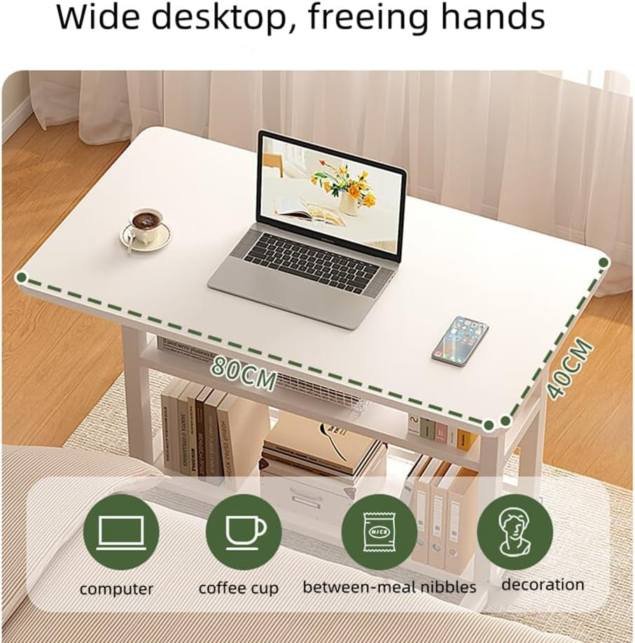 Mobile Computer Desk Height Adjustable Rolling Laptop Table with Shelves White
