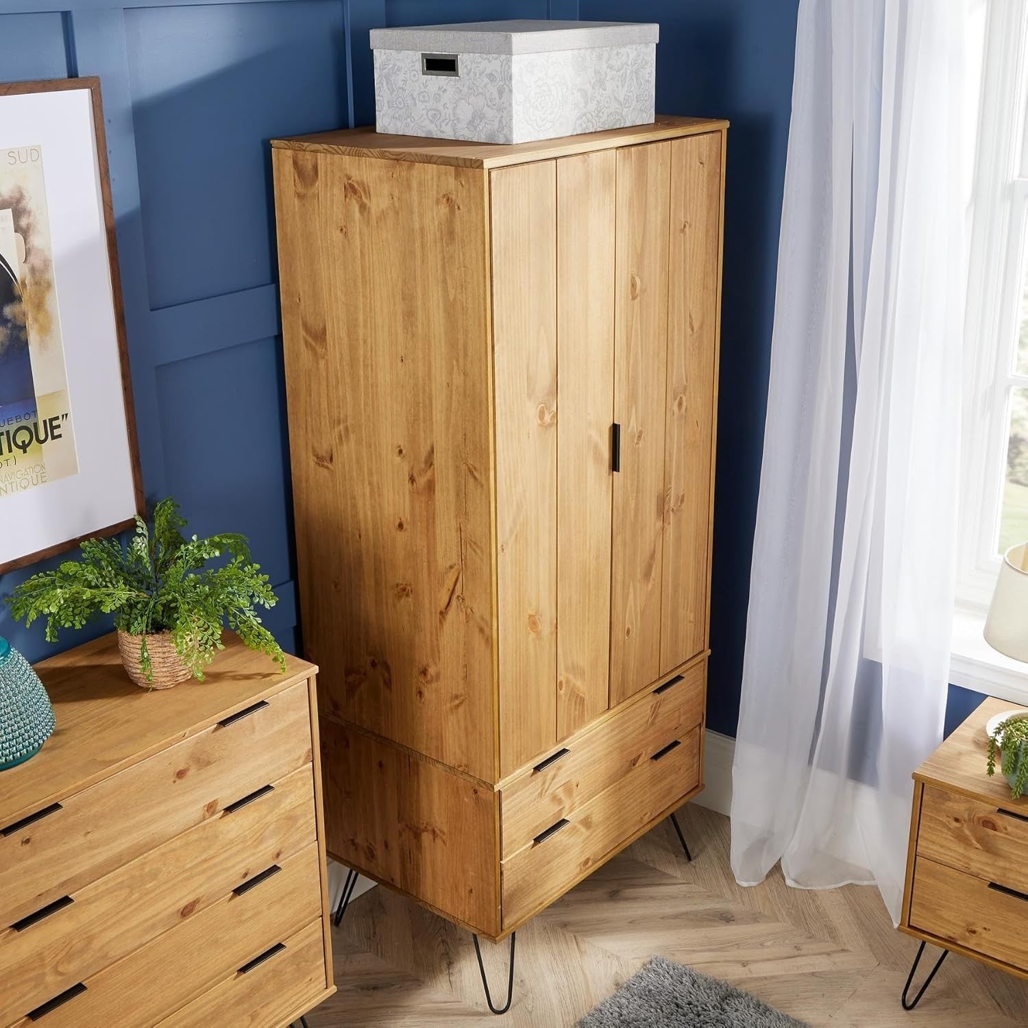 Wardrobe Cabinet with Drawers & Hanging Rail, Pine Wood Storage Unit
