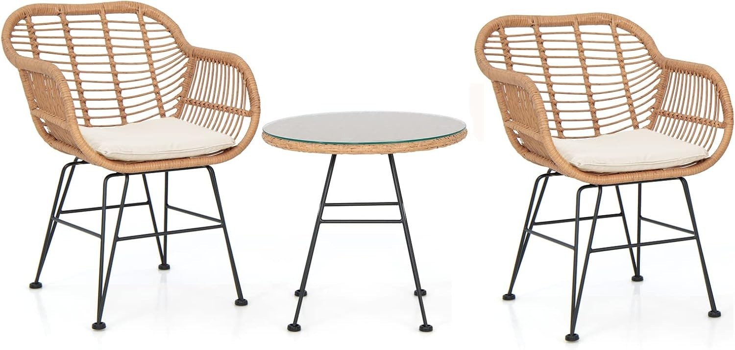 Outdoor Rattan Bistro Chairs Set with Glass Coffee Table Balcony Patio Seating
