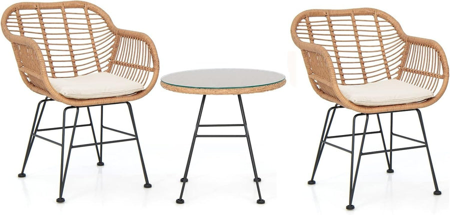 Outdoor Rattan Bistro Chairs Set with Glass Coffee Table Balcony Patio Seating
