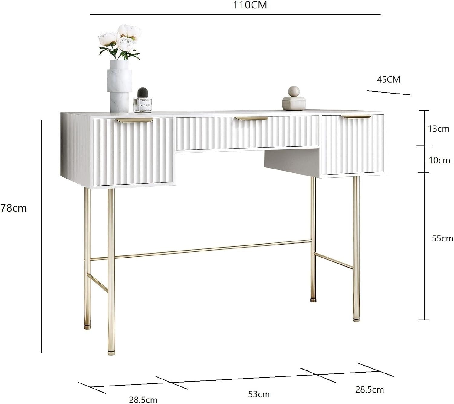 White Modern Dressing Table 3 Drawer Gold Handles Desk Vanity Makeup Storage
