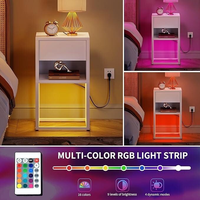 2x LED Bedside Tables White Slim Nightstand Drawer Small Side Table