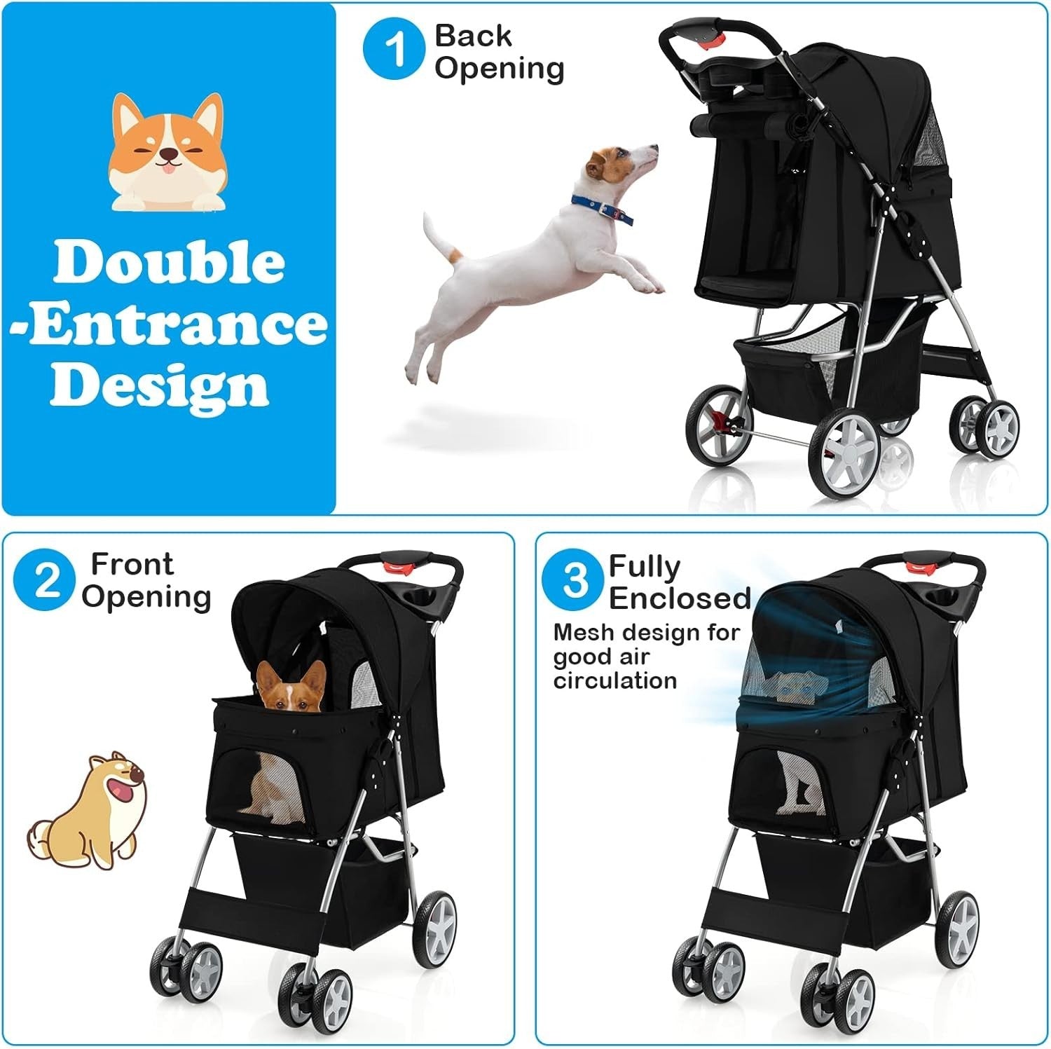 Pet Pushchair Dog Cat Buggy Foldable Travel Pram Canopy 15kg