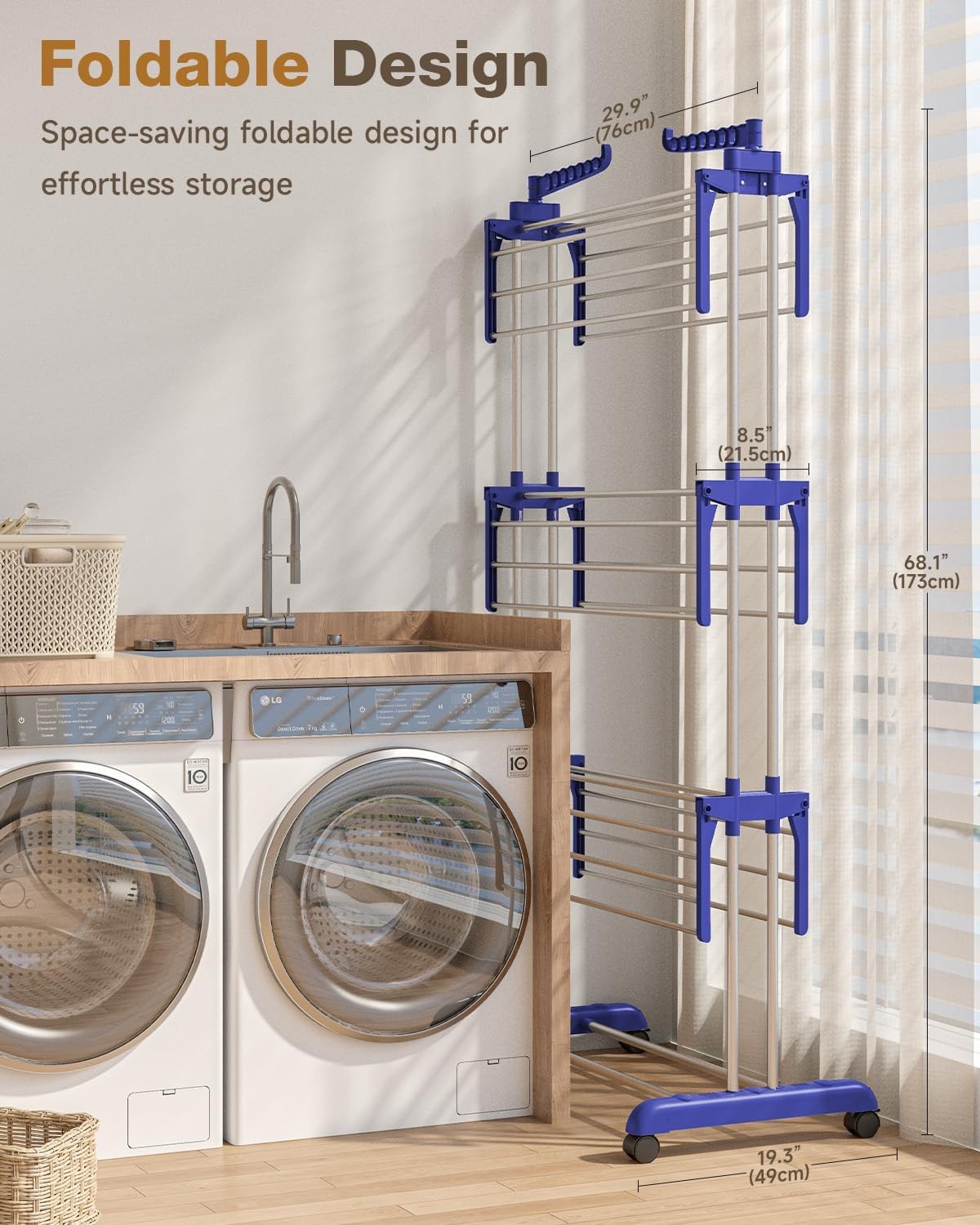 4 Tier Clothes Airer Folding Laundry Drying Rack With Wheels Stainless Steel