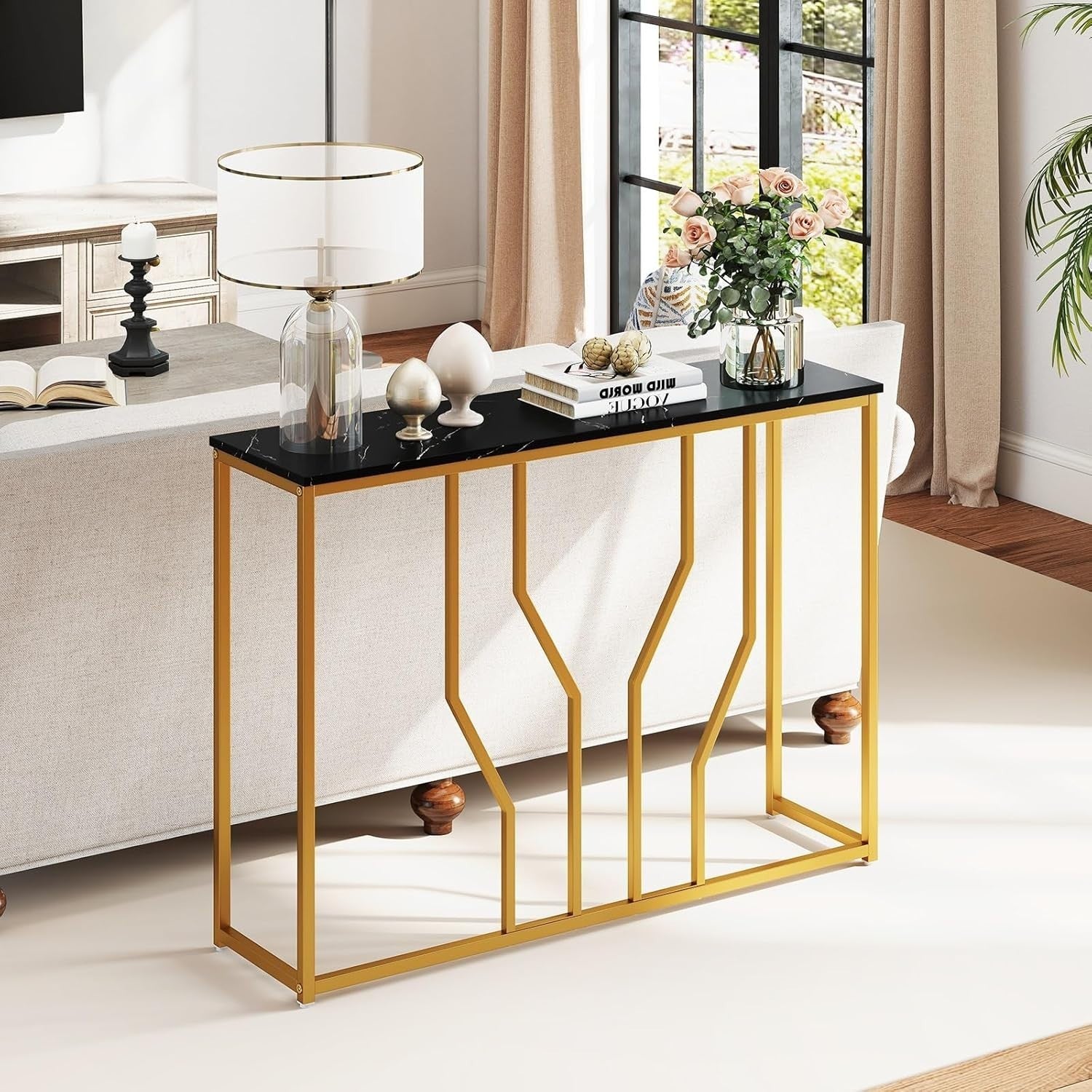 Slim Faux Marble Console Table with Anti-Tip, Metal Frame & Storage – 110cm