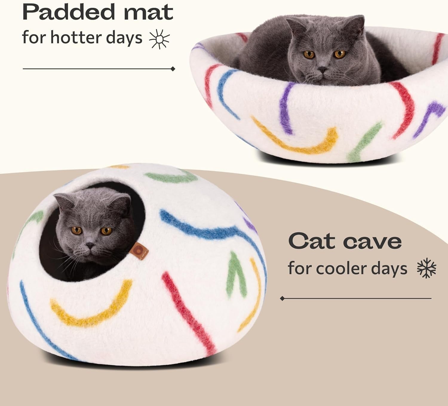 Large Felt Cat Cave Bed Handmade Merino Wool Indoor Cat House Ivory