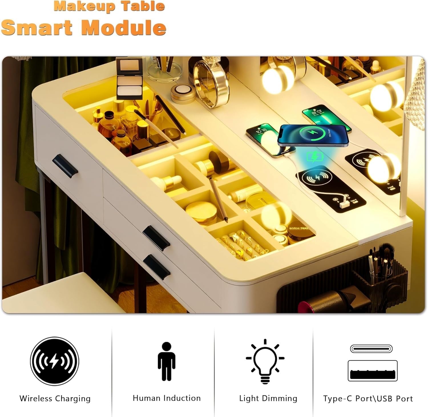 White Vanity Dressing Table LED Light Bulbs Power Strip 2 Drawers Storage Shelve