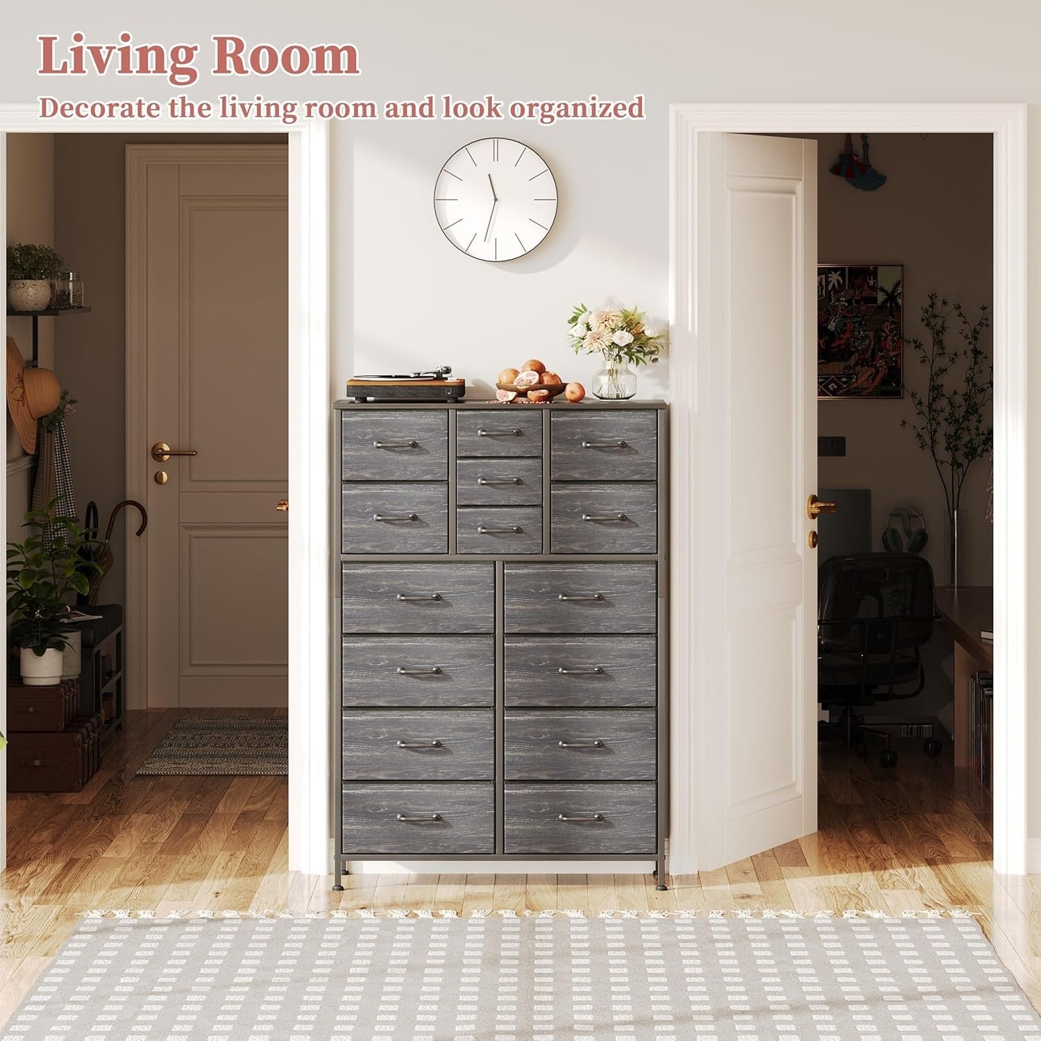15 Drawer Fabric Chest Storage Unit Tall Dresser Wood Top Black Slim