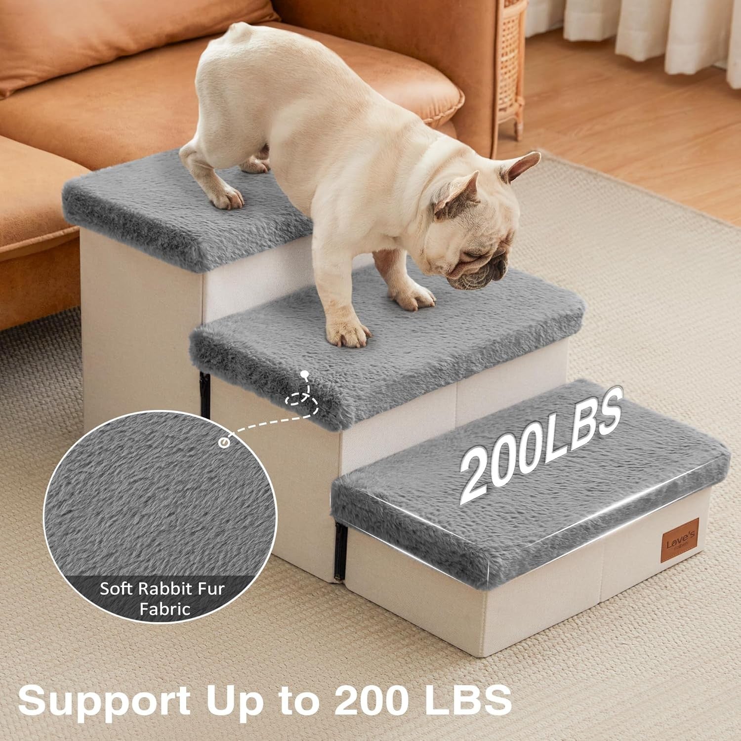 Dog Stairs 3 Step 18" High with Storage Furry Lid Pet Steps Grey