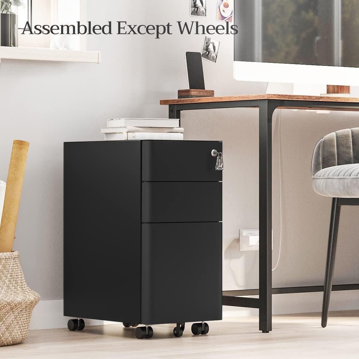 Black Mobile File Cabinet 46x30x59cm Lockable 3 Drawer Steel