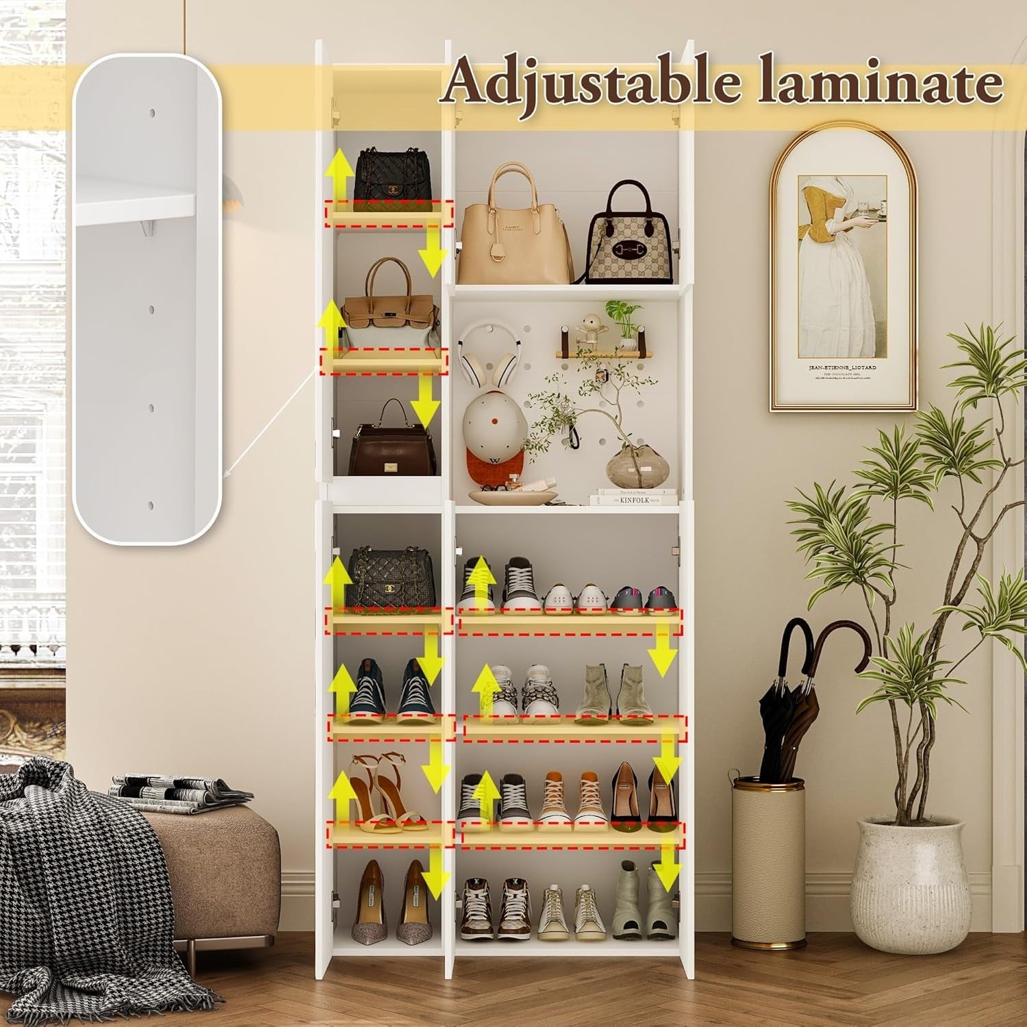 Tall White Shoe Cabinet with Full-Length Mirrors & Pegboard Storage Rack