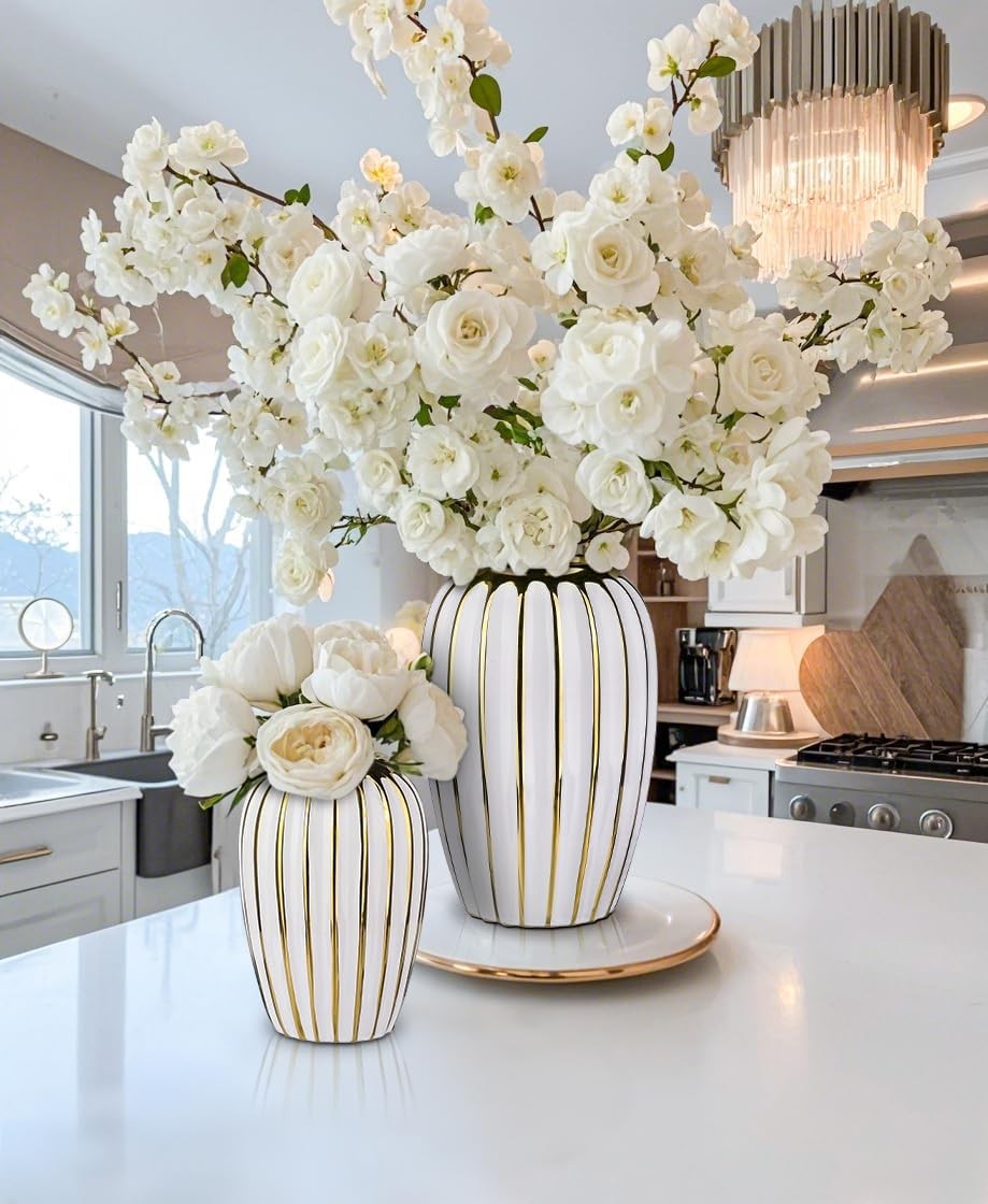 White Gold Ribbed Ceramic Vase Luxury Floral Table Home Décor 9.8 Inch