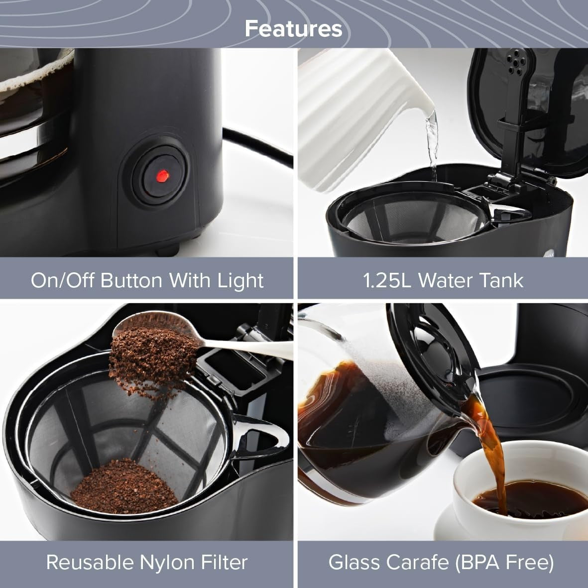 Large Capacity Filter Coffee Machine 1.25L Anti-Drip Reusable Filter Easy Clean