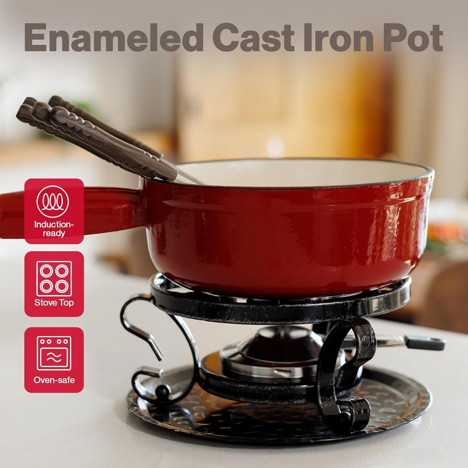 Cast Iron Fondue Set 9 Piece Cheese Chocolate Pot Red 2L Oven Safe