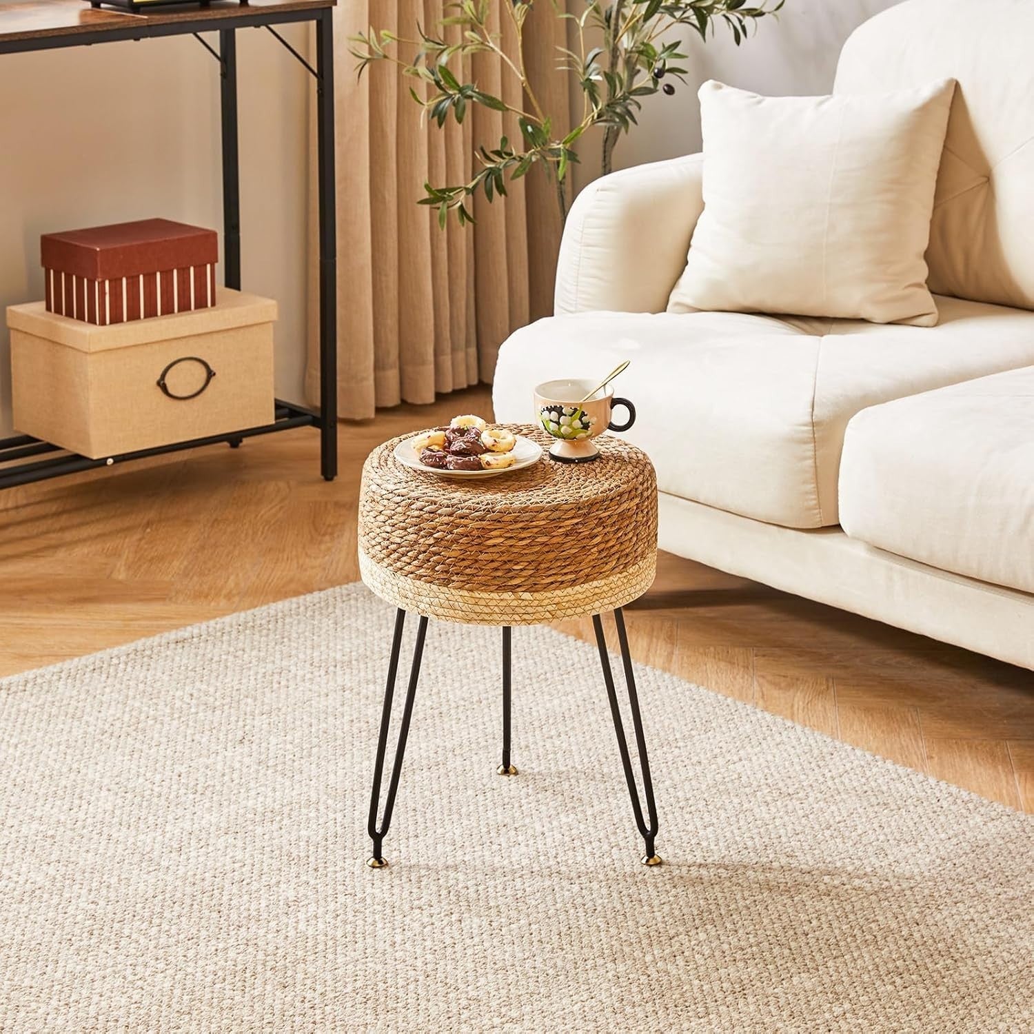 Natural & White Seagrass Footstool Round Woven Pastoral Stool 32×32×45cm