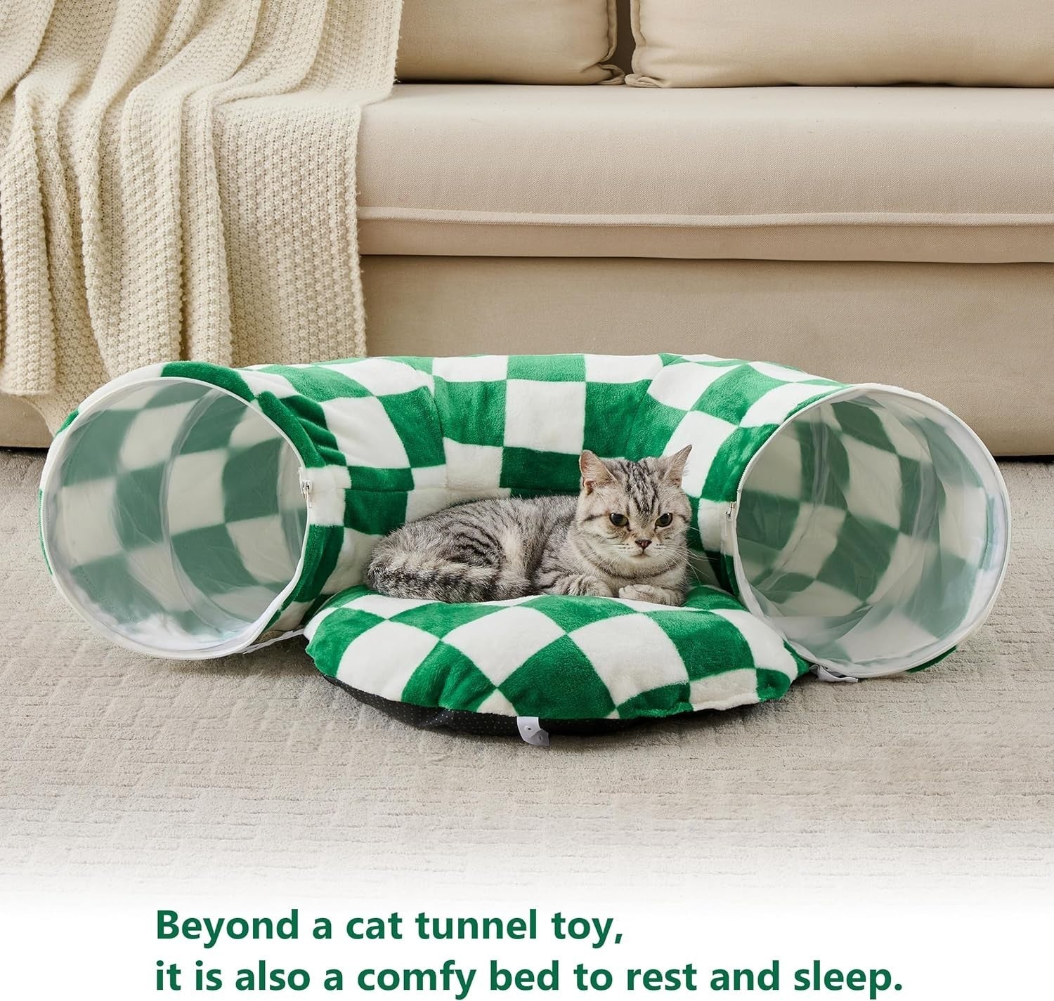 Checkered Cat Donut Tunnel Bed Peekaboo Cave w Cushion & Ball Toy