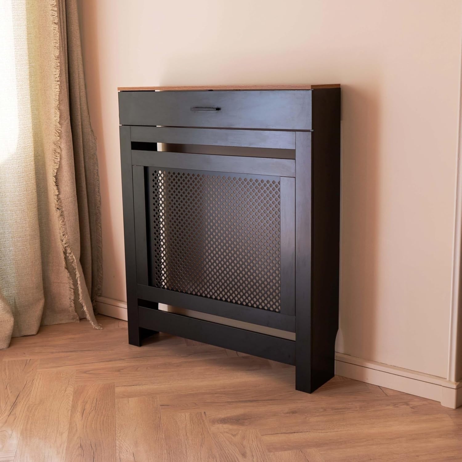 lack Radiator Cover with Drawer Diamond Slat W78xH96cm Modern Wooden Cabinet