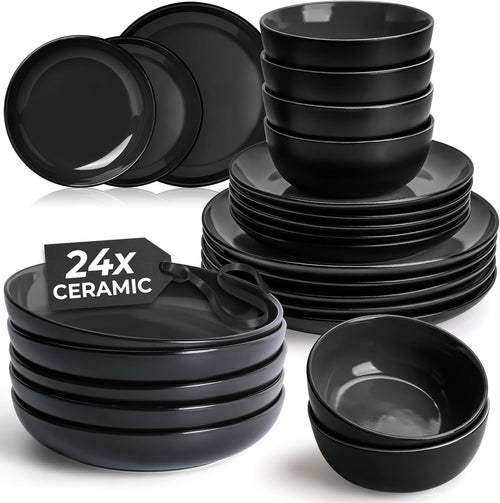 24pc Black Stoneware Dinner Set Plates Bowls Service for 6 Dishwasher Safe