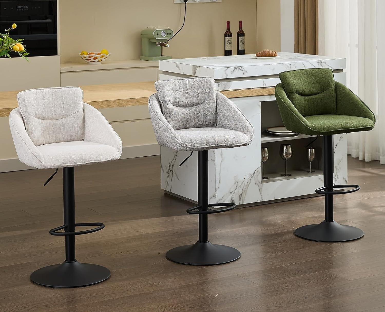 Adjustable Swivel Bar Stools Set of 2 | Linen Seat, Metal Base, Modern