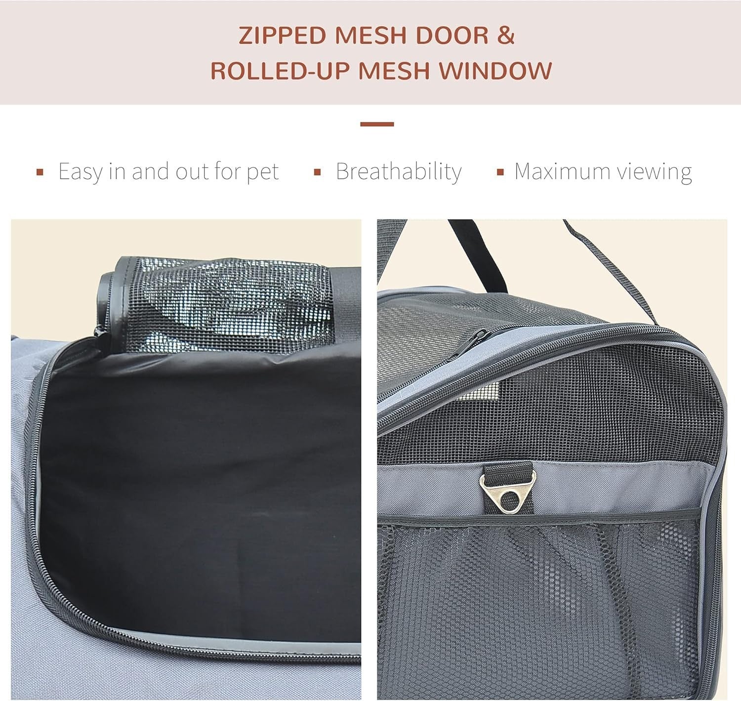 Portable Foldable Pet Carrier Bag with Mesh Windows & Storage Pockets Grey