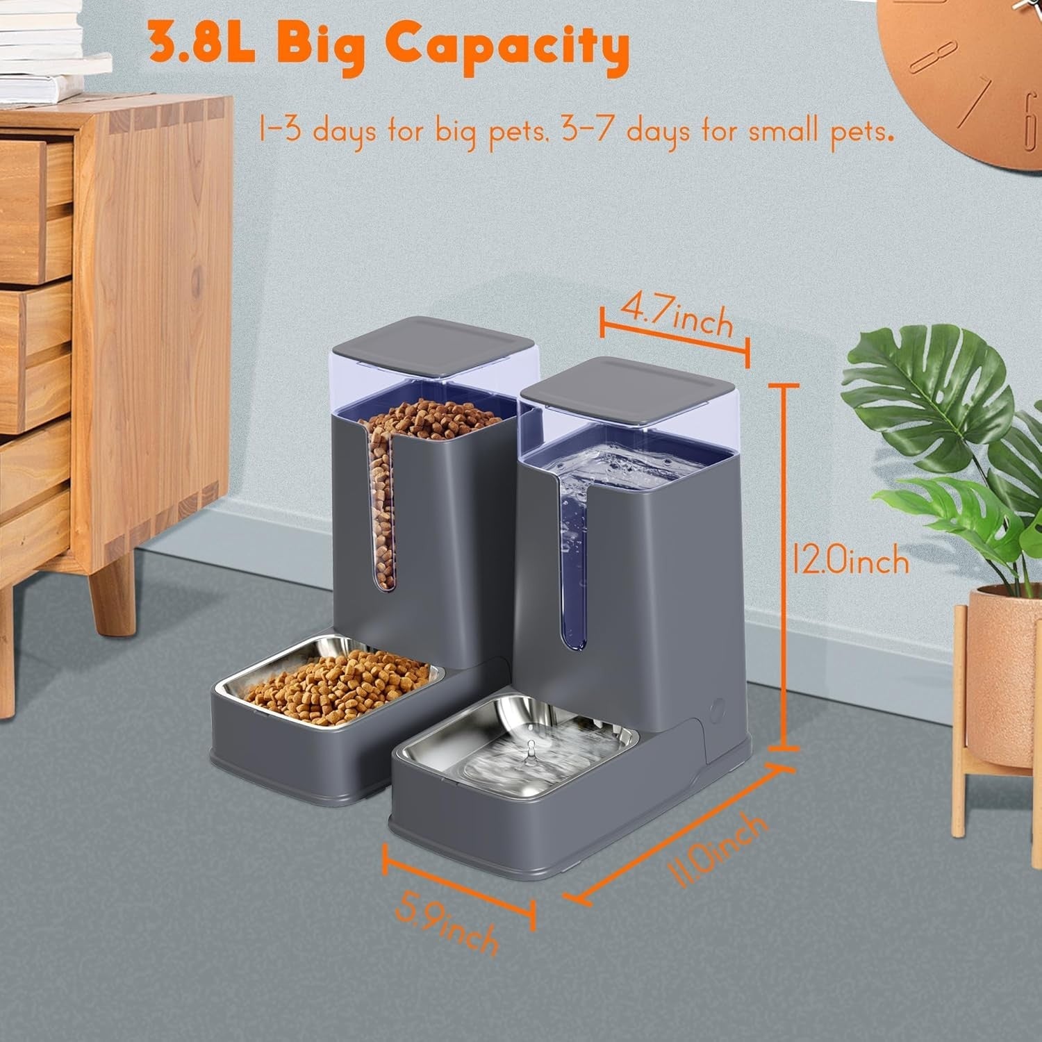 Automatic Pet Feeder Water Dispenser Set 3.8L Stainless Steel Bowls