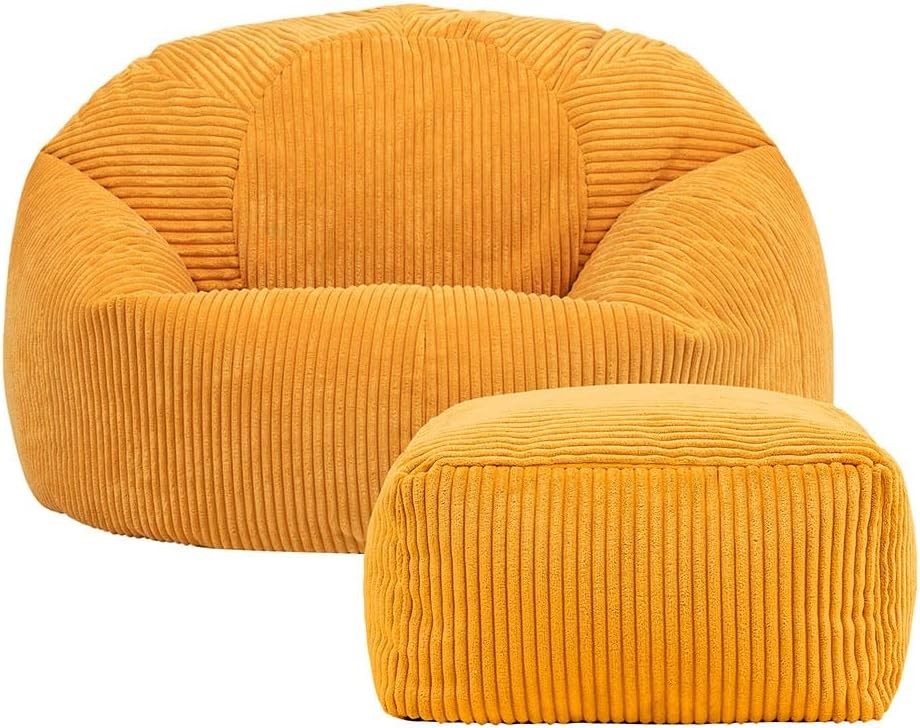 Large Bean Bag with Footstool – Corduroy, Comfy, Adult Lounge Chair, Ochre Yello