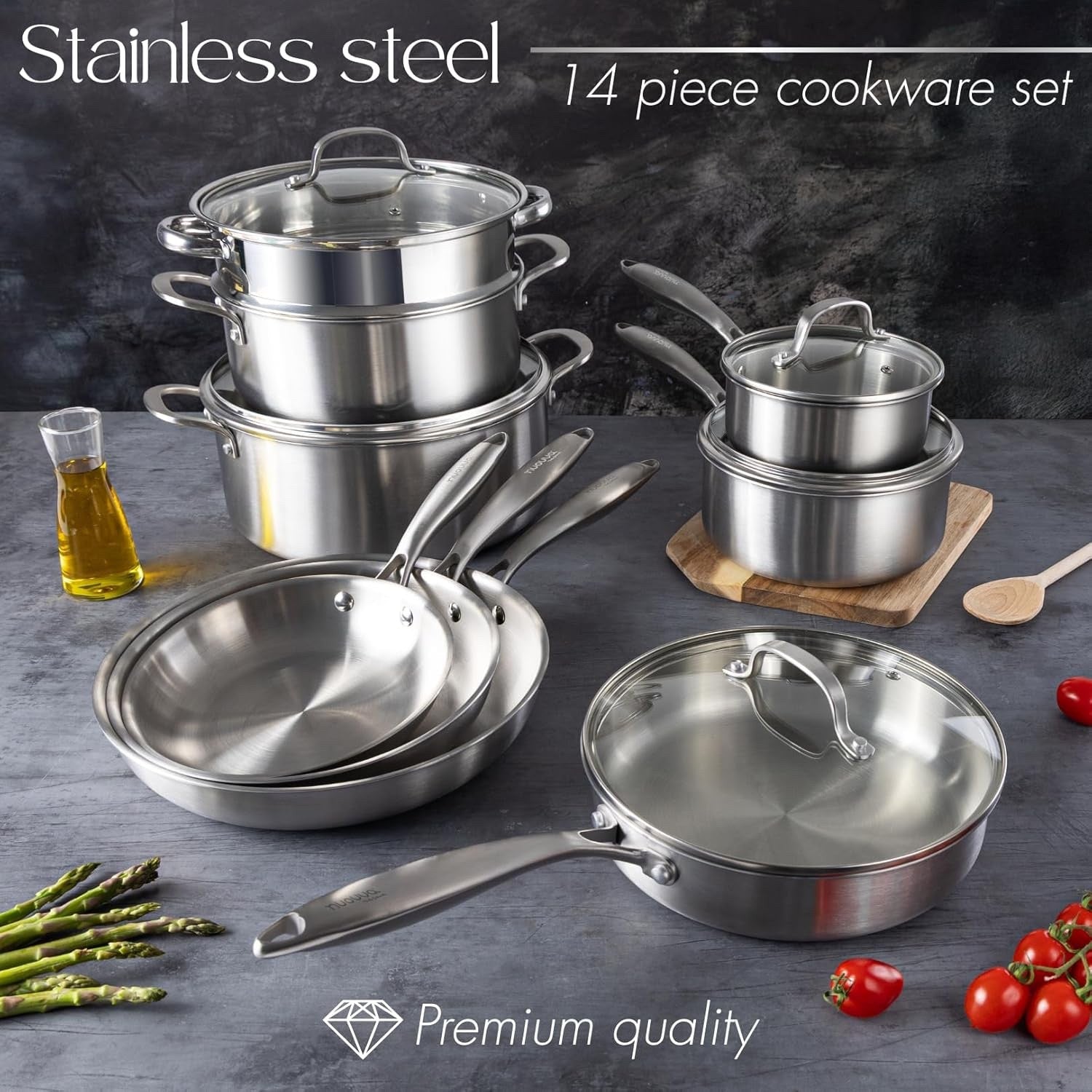 14pcs Stainless Steel Cookware Set Induction Pots Pans with Glass Lids Non Toxic