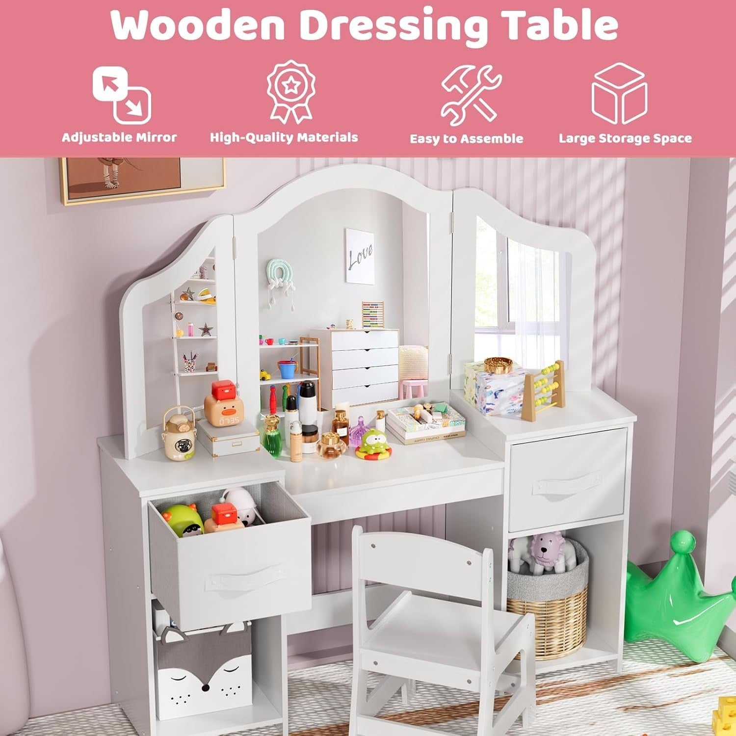 Kids Dressing Table Set with Chair, Tri-Fold Mirror & Storage Drawers White