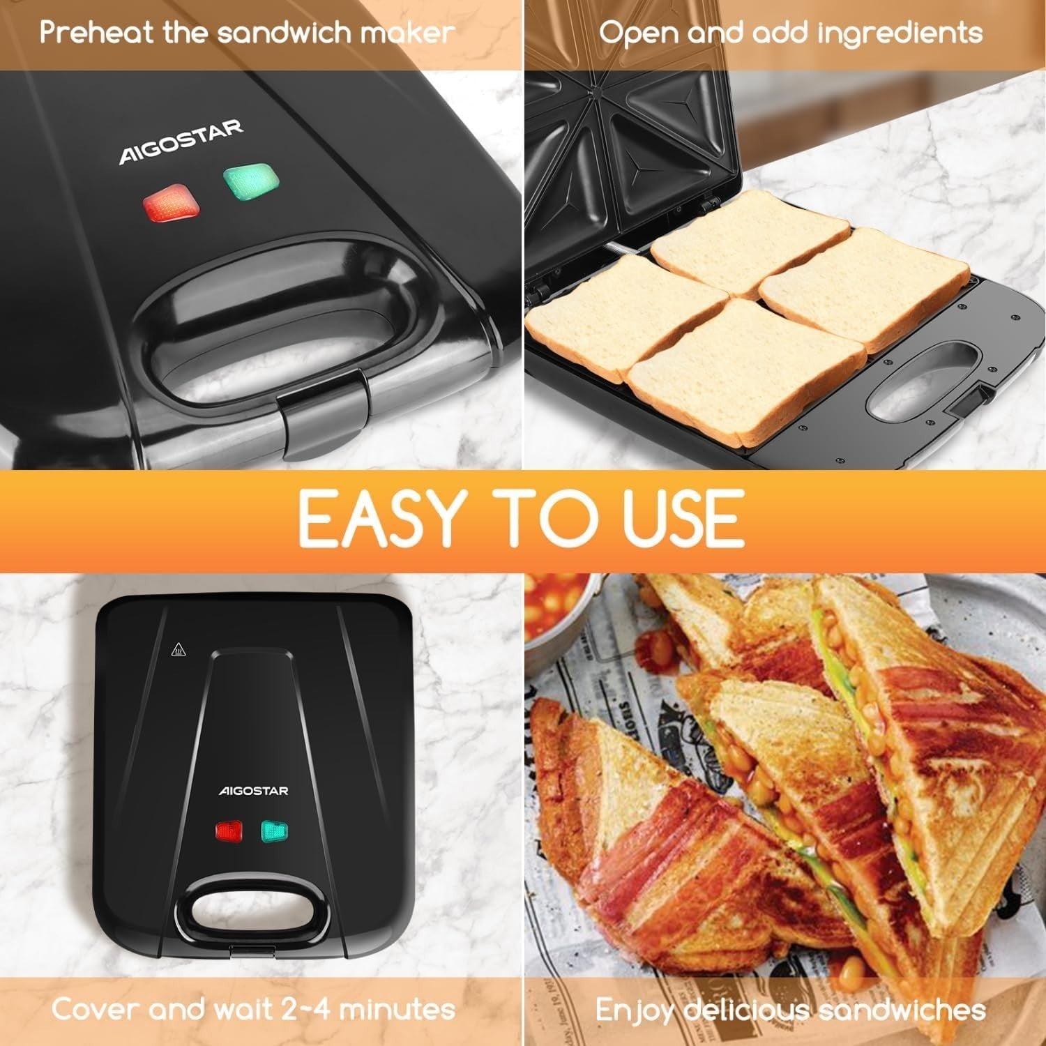 4-Slice Sandwich Maker 28x22.5cm Non-Stick Toastie Grill Fast Heating