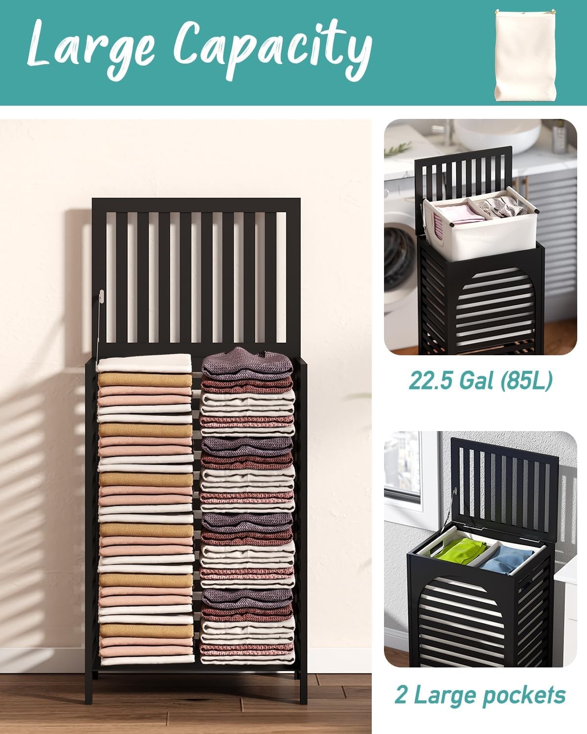 Black Bamboo Laundry Hamper 85L with Lid & Removable Liner | Ventilated Clothes