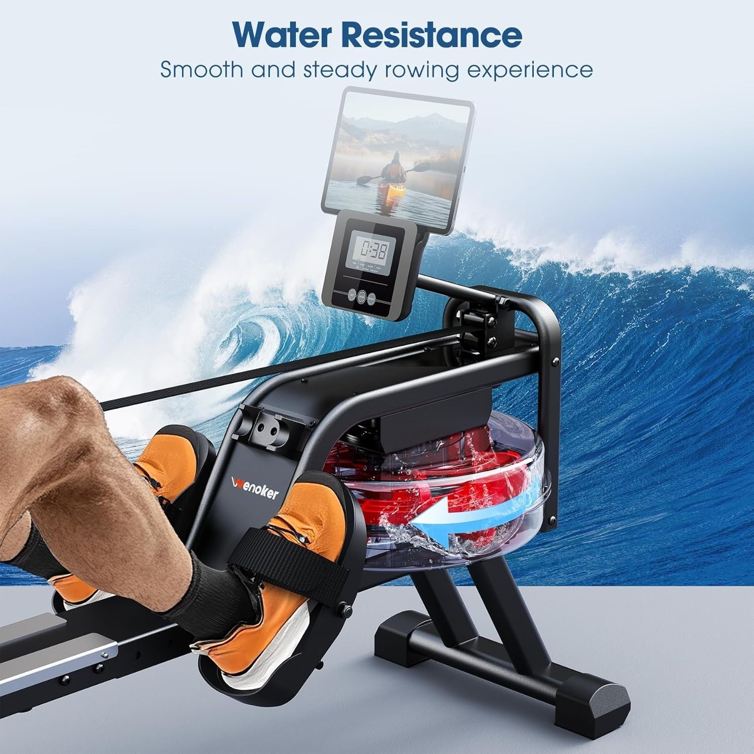 Foldable Water Rowing Machine 6-Level Resistance Bluetooth LCD Quiet Home Gym