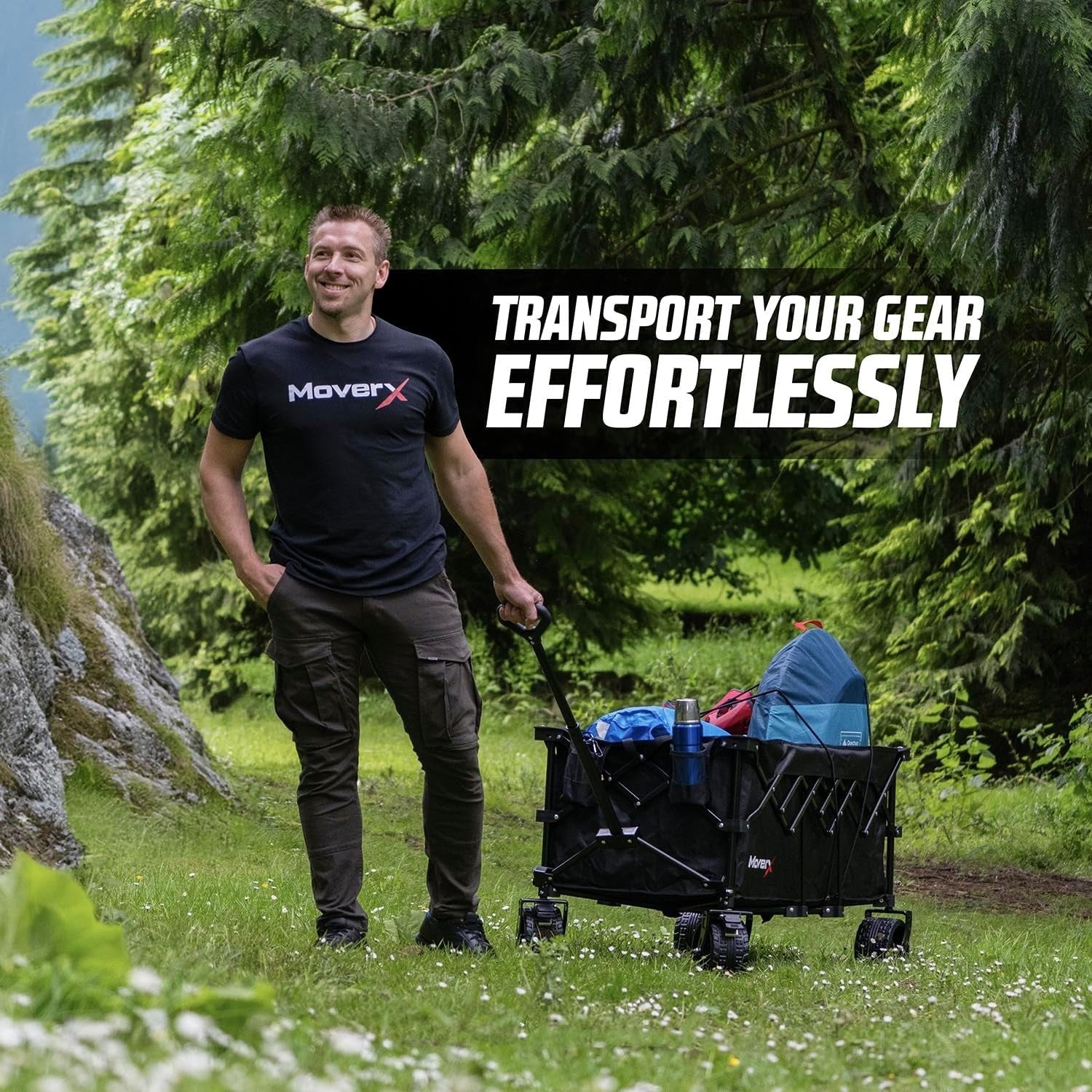 Black 200L Folding Camping Wagon Wide Wheel Festival Trolley Adjustable Handle