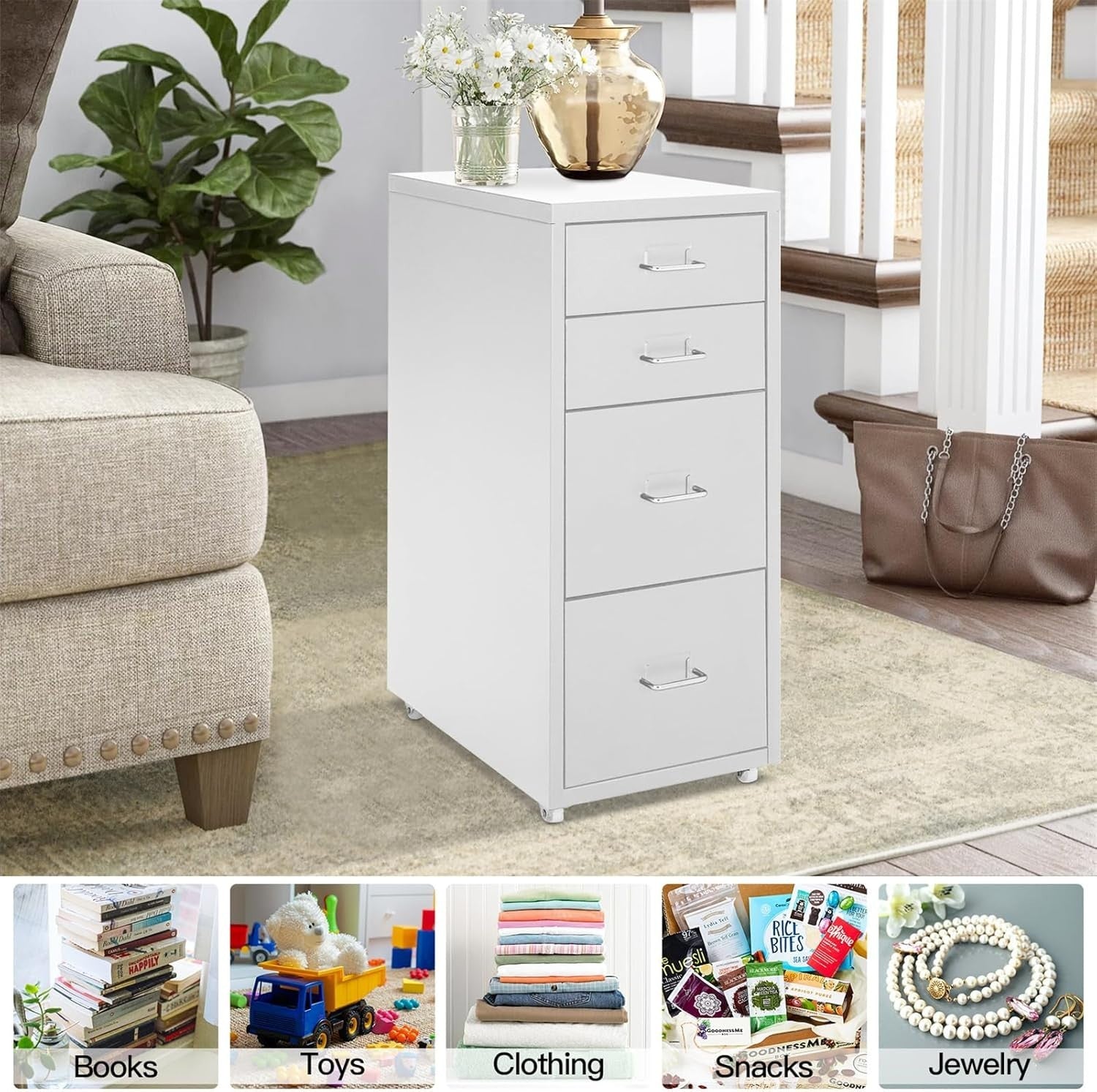 Silver White Mobile Filing Cabinet 4 Drawer 68cm Rolling Office