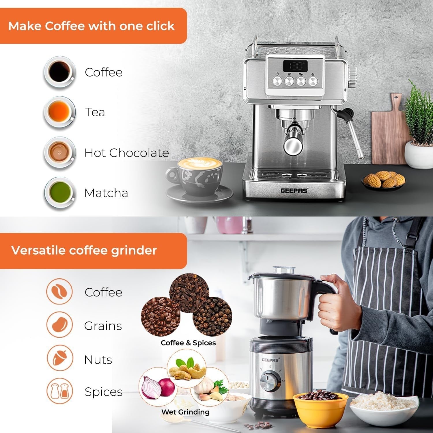 1465W Espresso Machine & 450W Grinder Set | 20-Bar Pressure | Milk Frother