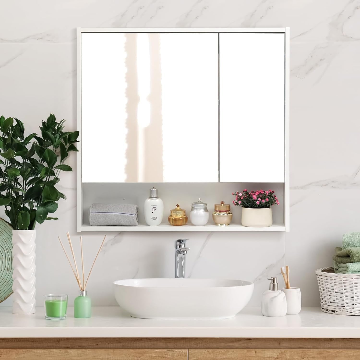 Double Door Bathroom Mirror Cabinet 78x75cm with Wall Mount & Storage Shelves
